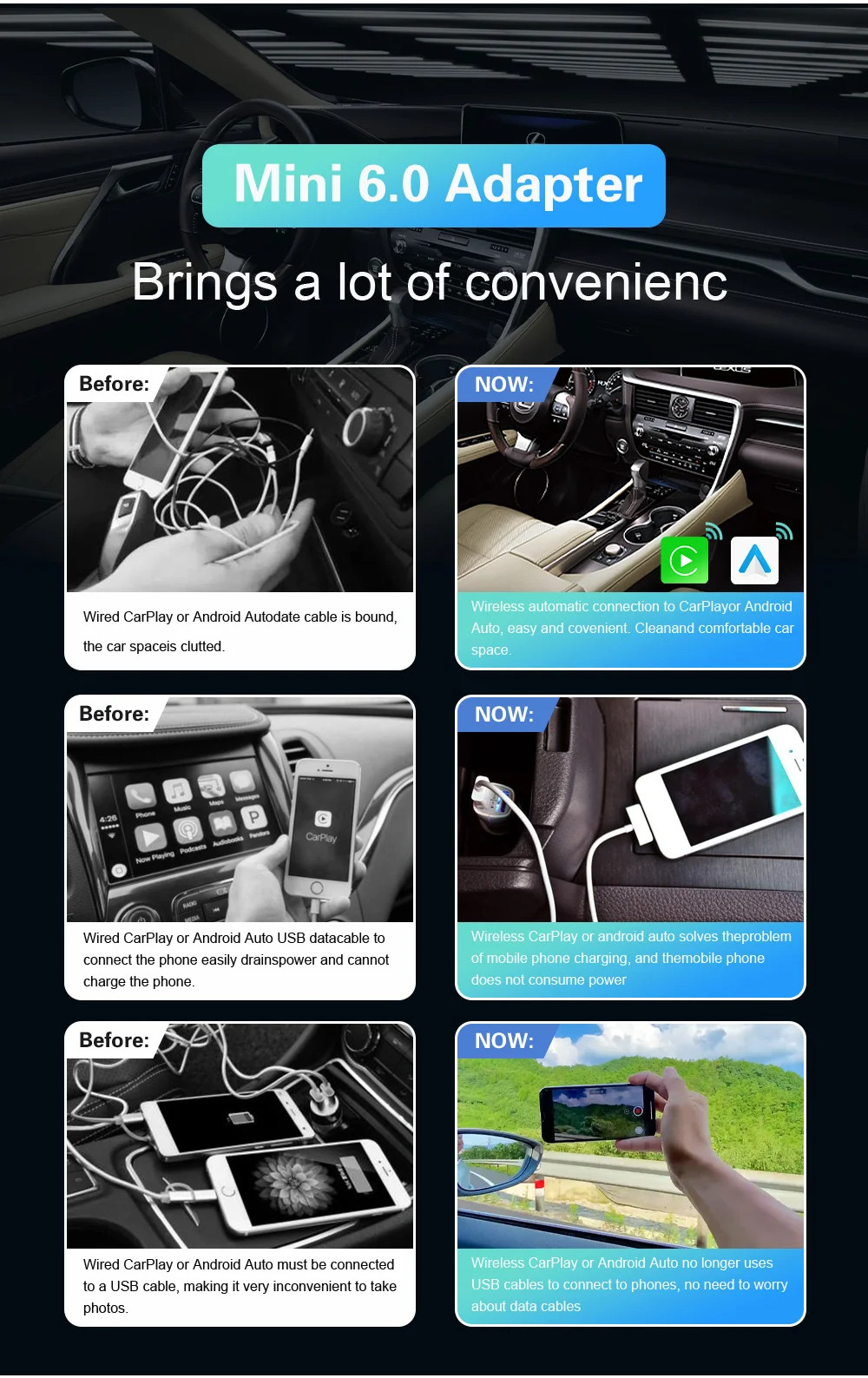 New Mini 6.0 Wireless Android Car Carplay Adapter Android Auto Car