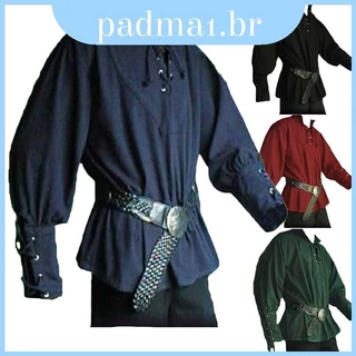 Homens Renascença Medieval Stand-Up Colarinho Camiseta De Fantasia De Cavaleiro De Renda