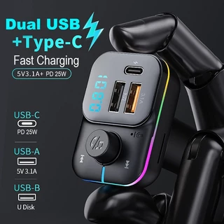 Carregador De Carro Duplo PD 25W FM USB3.1A + PD3.1A Transmissor Adaptador Bluetooth Sem Fio Handsfree Estéreo Mp3 Player Modulador