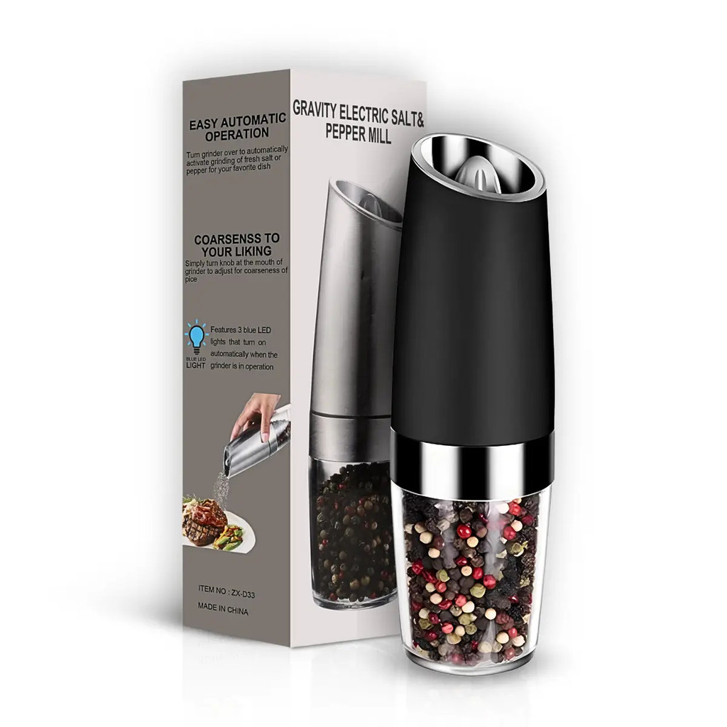 Moedor Elétrico Sal E Pimenta Tipuci - Sensor Gravidade LED Recarregável 2 Peças Preto