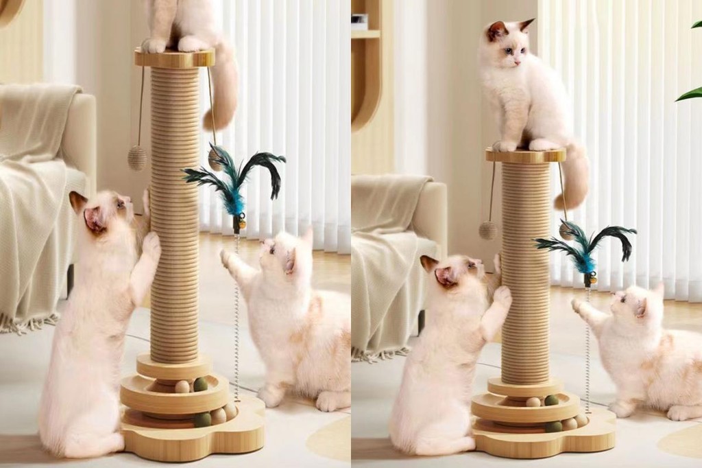 Solid Pine Wood Cat Tree Feather Toy for Cats Interactive Scratching