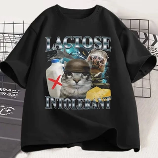 Camiseta Engraçada de Gato com Intolerância à Lactose para Homens e Mulheres, Moda Retrô, Camisetas de Manga Curta, Algo
