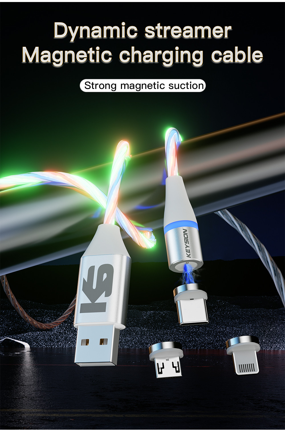 KEYSION 3A Cabo De Dados Magnético Luz De Fluxo LED Micro USB C Tipo ...