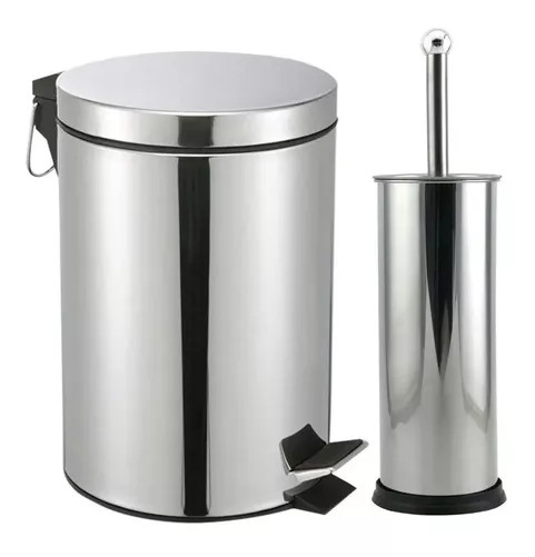 Lixeira Inox 5 litros + Pedal + Escova Sanitária c/ Suporte