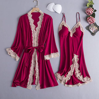 Conjunto De Robe Feminino De Seda Gelo Renda Sexy Camisola Feminina Fina Duas Peças Com Almofada No Peito Pijamas em Oferta na Shopee
