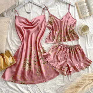3 Pçs Conjunto Pijamas Femininos De Seda Gelo Sexy Sem Costas Camisola Fina Simples em Oferta na Shopee