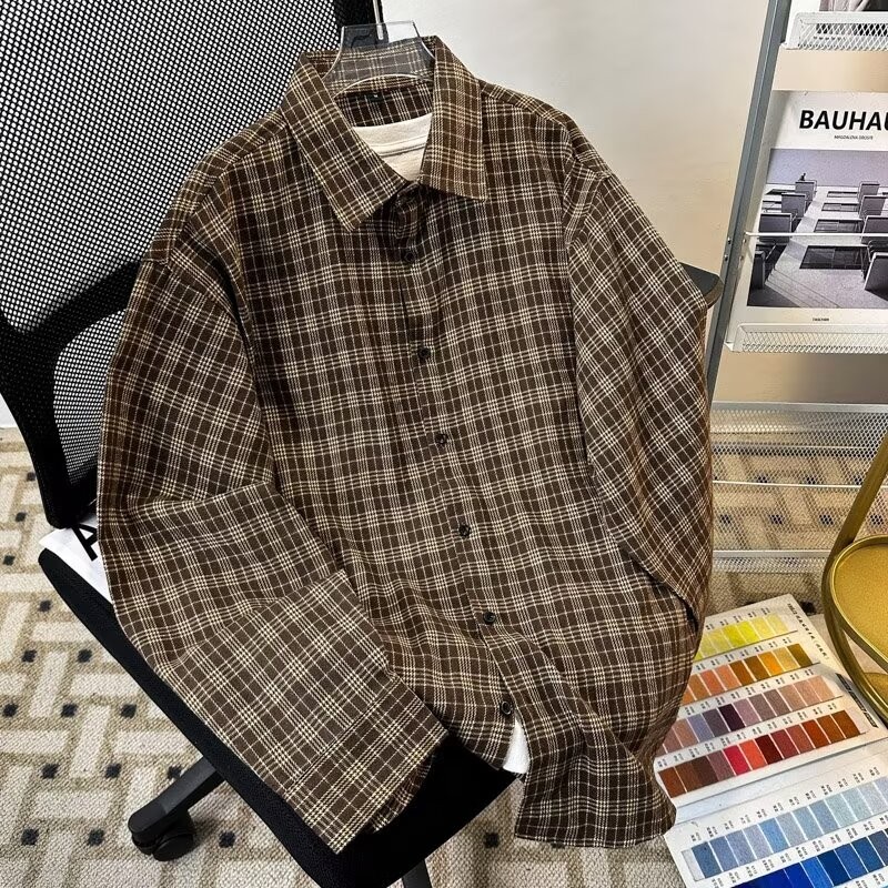 Estilo Coreano Retro Treliça Impressão Rua Versátil Camisa De Manga ...