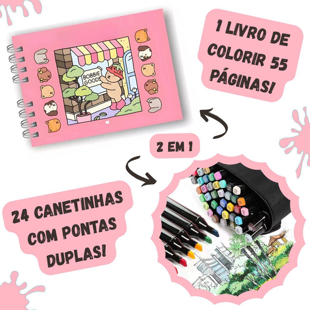 Kit Livro Colorir URSO BOB GOOD (Rosa) + 24 Canetas | Shopee Brasil