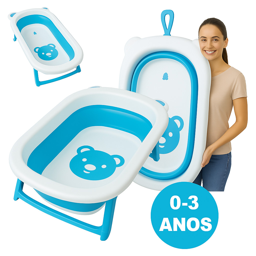 Banheira Dobrável Infantil com Suporte – AZUL Para Bebês de 0 a 3 Anos ...