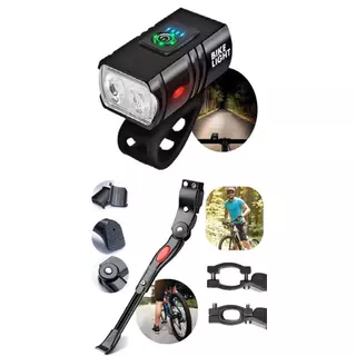 Kit Lanterna Farol Bike LED T6 Recarregável USB 6 Ultra + Pezinho Descanso Lateral Bicicleta