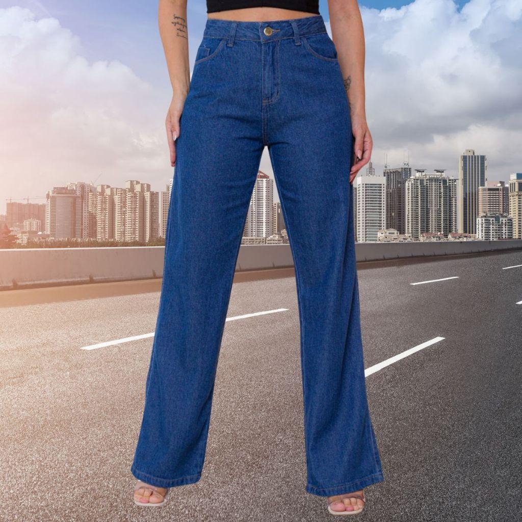 Calça jeans feminina balao de pernas largas e cintura alta, oferta ...