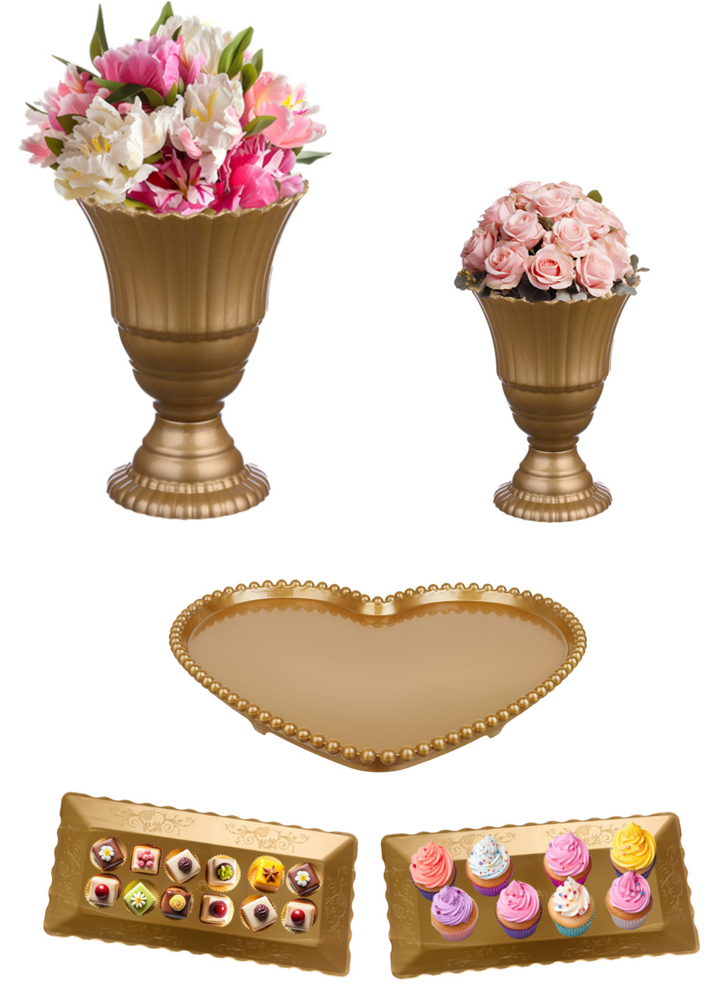 Kit Festa Dourado com 5 Peças: Bandejas e Vasos Decorativos para Mesa ...