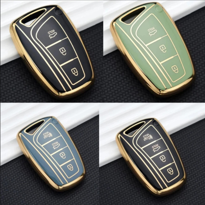 HIBEYO Custodia In Pelle Per Chiave Auto Hyundai (Genesis, Santa Fe IX45, Equus, Tucson, Azera) – 4 Tasti, Colore Blu - 3