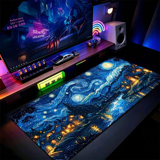 Starry Night Village Mouse Pad 80x30cm Tapete De Mesa Estendido Para Jogos Base Antiderrapante Bordas Costuradas