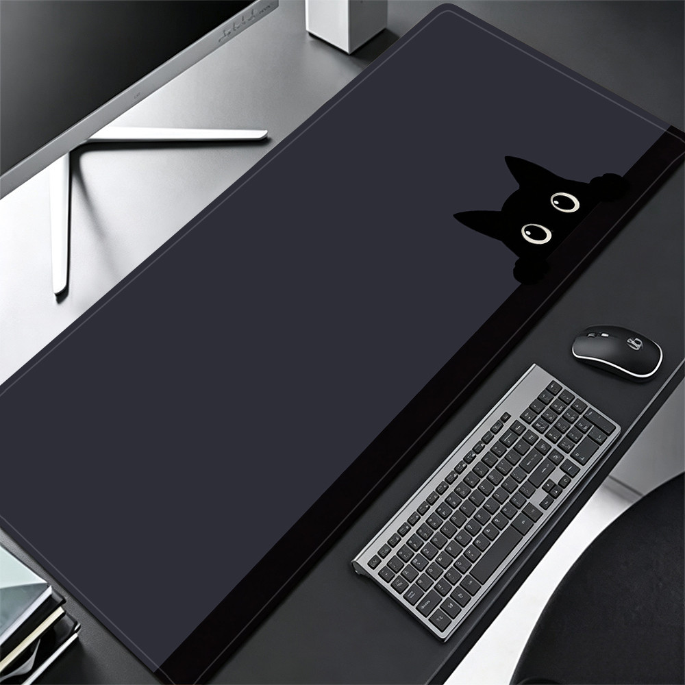Grande Jogo Mouse Pad Antiderrapante 80X30 CM Impressões Personalizadas Mousepad Costurado Borda Cinza Preto Gato Bonito