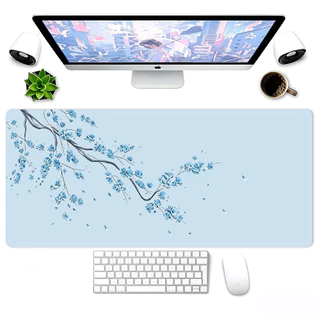 Mousepad Grande Ramo Cerejeira Azul Fundo Claro Borda Costurada Tapete Mesa Notebook STAT