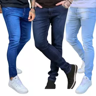 Kit 3 Calças Jeans Masculina Premium Skinny Corte tradicional Basico com Lycra Lavagem Clara Escura ou Preta premium em Oferta na Shopee