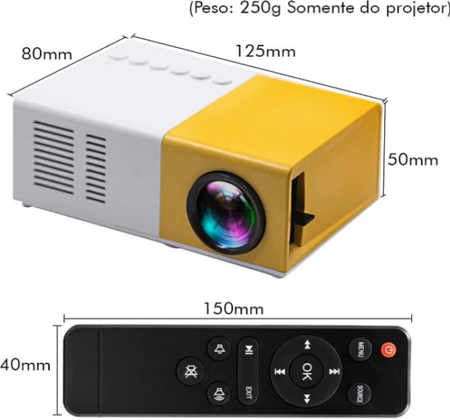 AMARELO BRANCO Mini Projetor Portátil Led 1080p com saida HDMI 600 Lumens