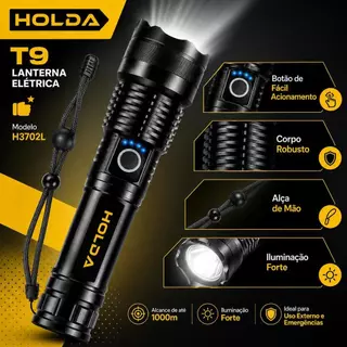 Lanterna T9 HOLDA H3702L Tática Longo Alcance 1000m Luz Forte Camping Emergência Segurança Sítio Fazenda