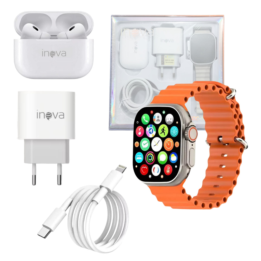 KIT Smartwatch 49mm + Fone Ouvido + Fonte TIPO-C + Cabo Lightning INOVA ...