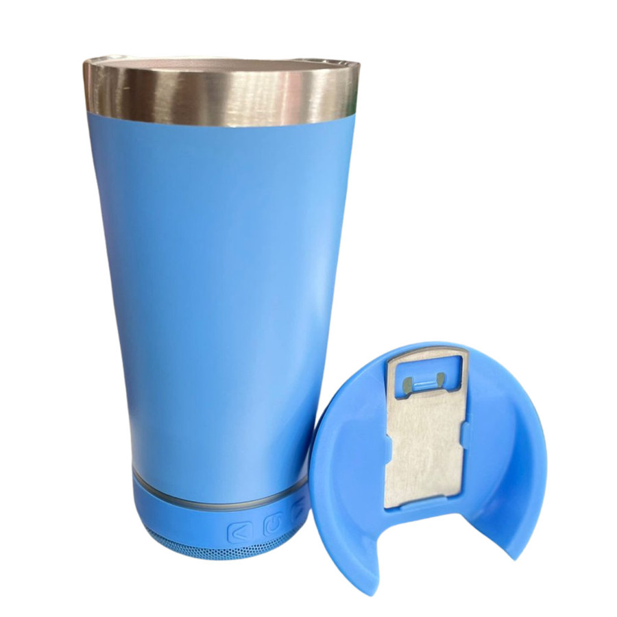Personalizado - Bluetooth - Copo Térmico Som Led e TAMPA com ABRIDOR (420 ml) - Azul Claro