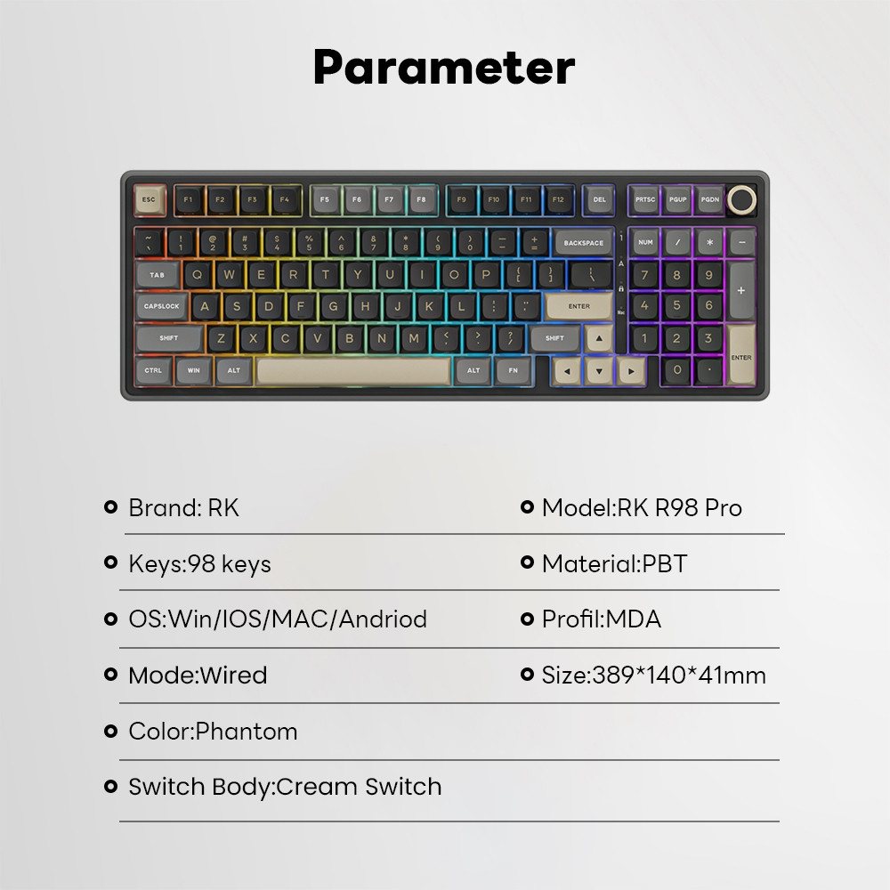 Royal Kludge RK R98Pro Phantom 98 Teclas RGB Com Fio E Teclado Mecânico ...