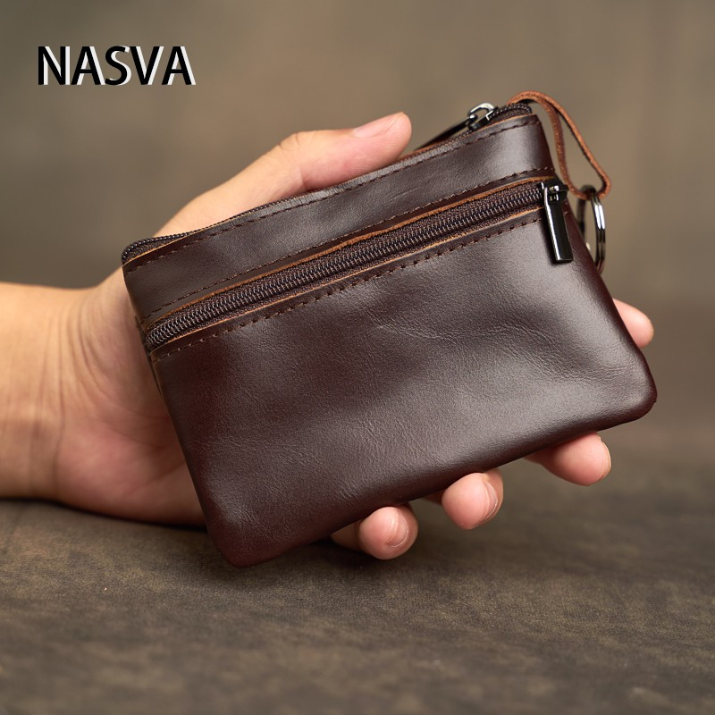 Porta-cartões Nasva First Layer Cowhide Coin Purse Retro Style Retro Estilo Bolsa Pequena Porta-Chaves com Slot para Cartões Carteira Solta Cor Sólida