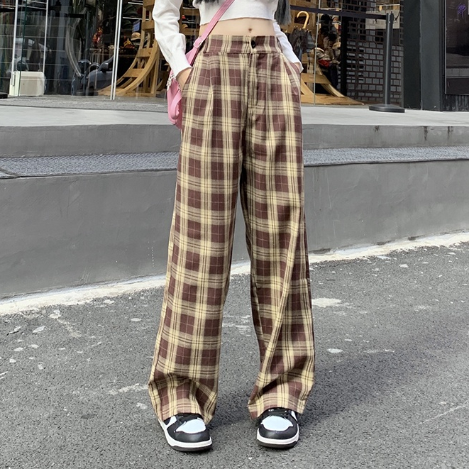 Moda Outono Calça Xadrez Para Mulheres Nova Larga Versátil Reta Casual