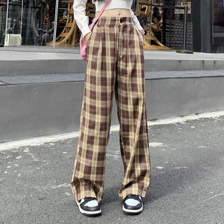 Moda Outono Calça Xadrez Para Mulheres Nova Larga Versátil Reta Casual
