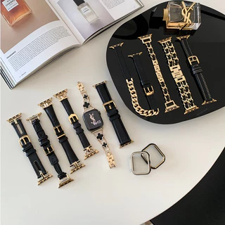 Pulseira De Couro Genuíno Série Ouro Preto Para Relógio Apple Ultra 49mm 45mm 44mm 41mm 40mm metal iwatch Séries 9 8 7 6 5 SE 4 3 2 Capa