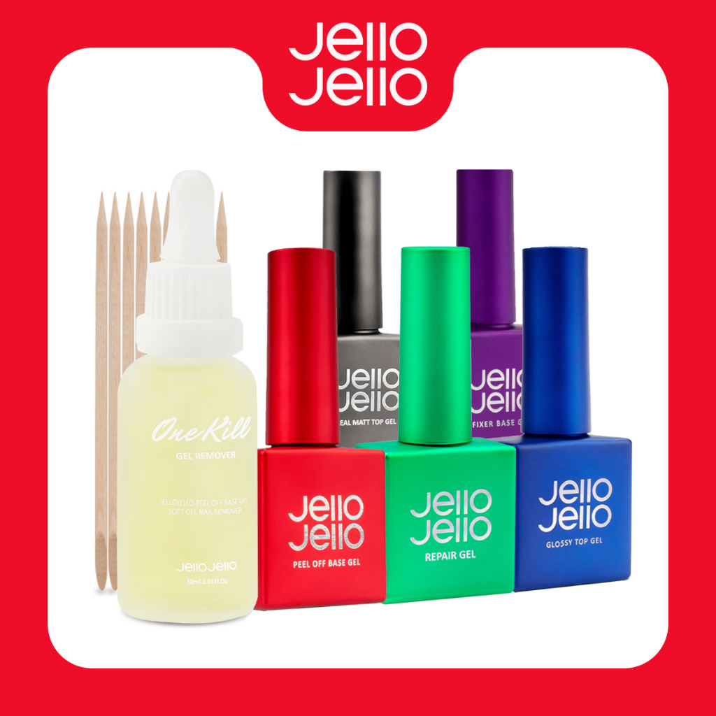 [Jello Jello] Easy Soak Off One Kill Remove & Peel Off Base Gel Set, Repair Gel, Glossy Top Gel, Fixer base Gel, Real Matt Top Gel Conjunto De Gel De Remoção E Descascamento Fácil De Molhar , Reparo Topo Brilhante base Fixadora Real Mate