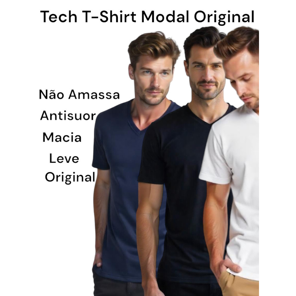 Camiseta Masculina Modal Tech T-Shirt Premium – Gola V, Antisuor, Não ...