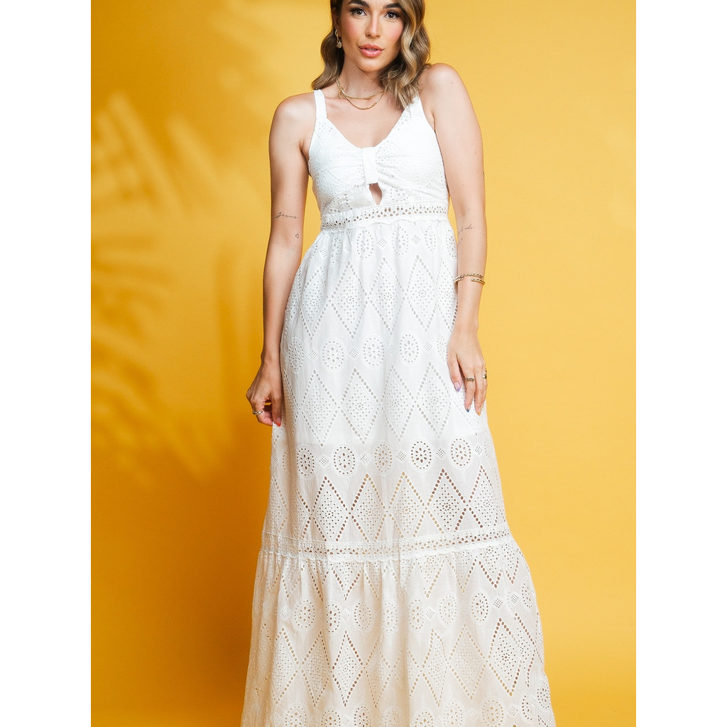 Vestido longo em lese e renda de alça lastex forrado1918 | Shopee Brasil