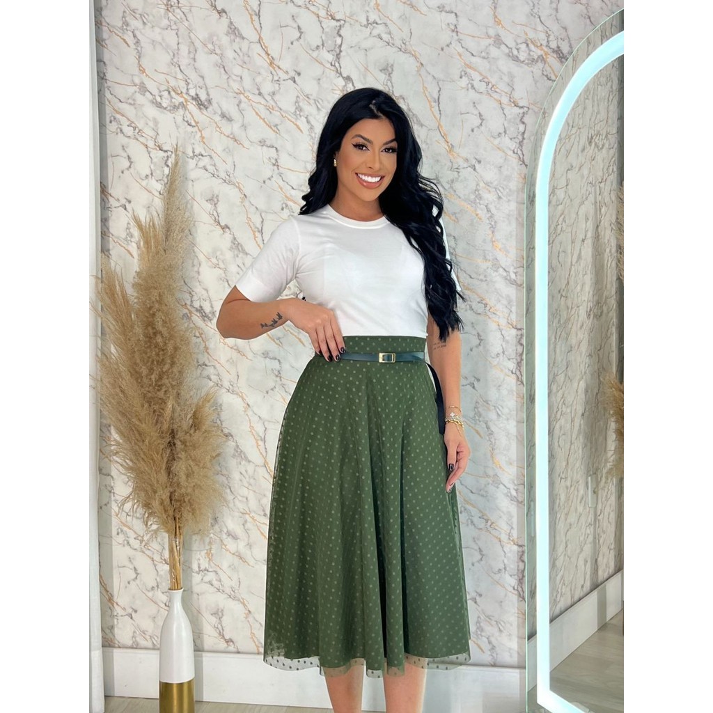 Saia de Tule Godê Moda Cristã Midi Feminina M-G Acompanha o Cinto