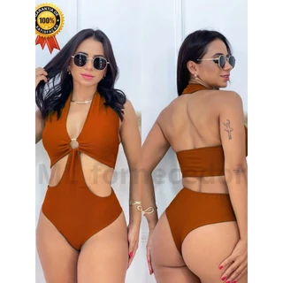 Body Maiô Feminino Com Bojo Forrado Tecido Ana Ruga Premium Argola Cintura Alta