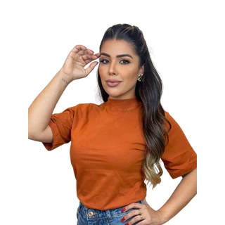 Blusa Feminina Gola Alta Zara Basic T-shirt Camiseta 100% Algodão Blusinha Básica Lisa Gola Ribana