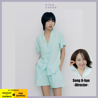 Ninassong Conjuntos De Pijama Casual Com Botão Liso Para Casa Mulheres , Shorts De Manga Curta , Roupa De Dormir