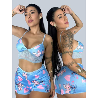 Baby Doll Stitch Estampado Top Doll Suede Cropped Com Renda