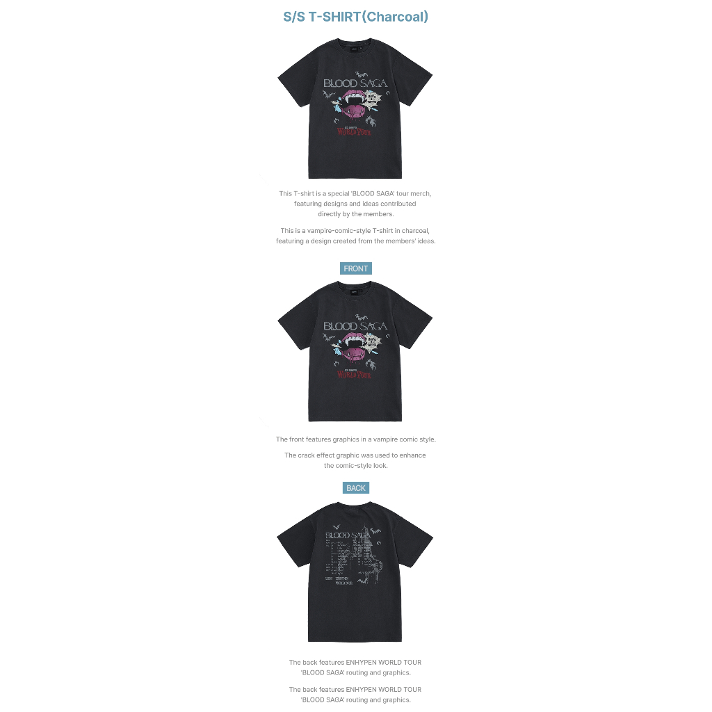 Ready Stock) ENHYPEN World Tour Blood SAGA S/S T-Shirt (Charcoal