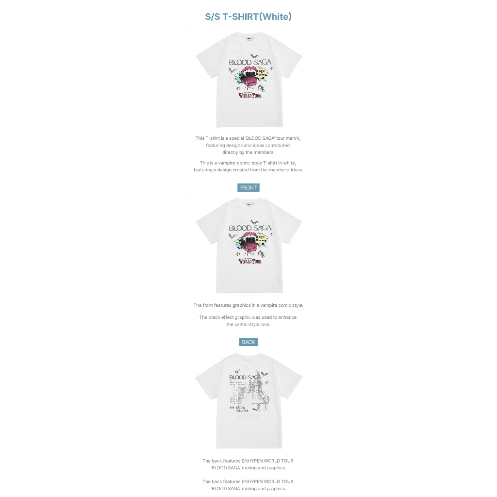 ENHYPEN BLOOD SAGA ソウルコン Tシャツ ホワイト Sサイズ Ready Stock) ENHYPEN World Tour Blood SAGA S/S T-Shirt (Charcoal