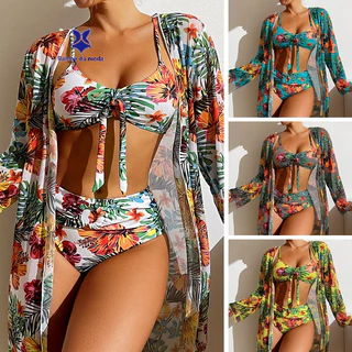 Traje De Banho Para Rio De Três Peças Blusa De Manga Comprida Dividida Com Estampa Sexy Biquíni Feminino