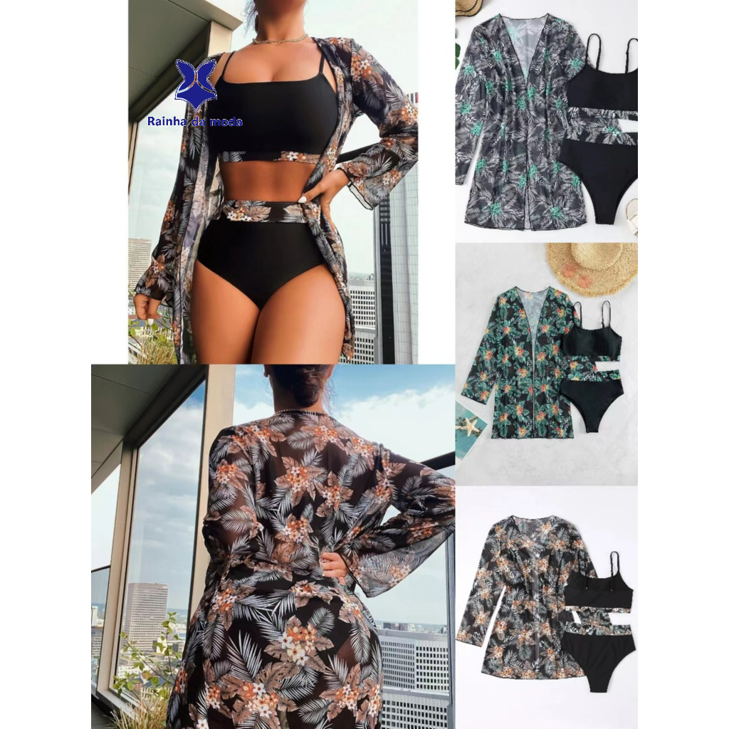 S-XXL Blusa Feminina De Três Peças De Cintura Alta Pode Usar Biquíni Protetor Solar Sol