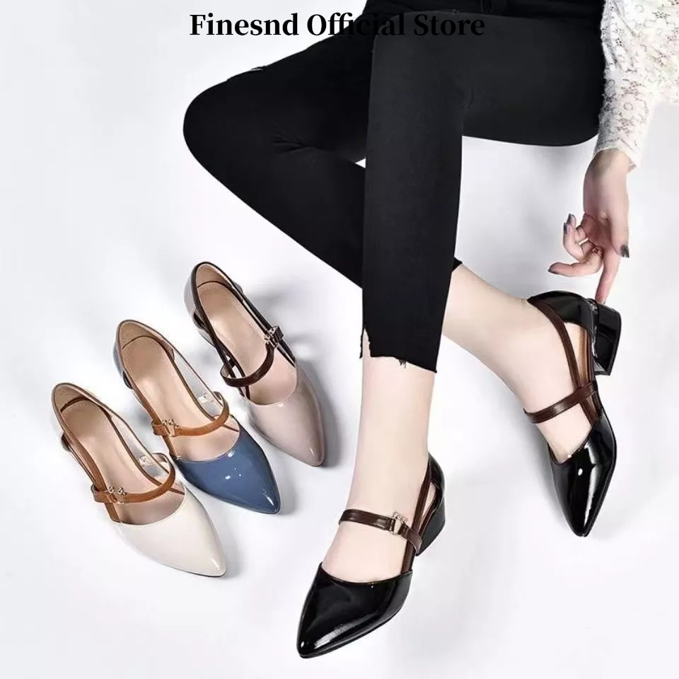 Sandálias Femininas] Summer New Style Medium Heel Patent Leather Flat Women's Pointed Toe Shoes