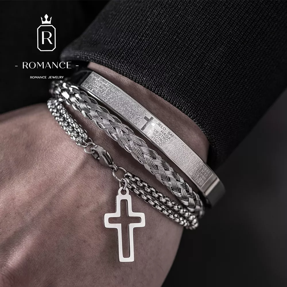 【158】Pulseiras de aço titânio pulseiras conjunto de pulseiras de personalidade de moda masculina hip hop pulseira masculina 3 pçs/conjunto pulseira