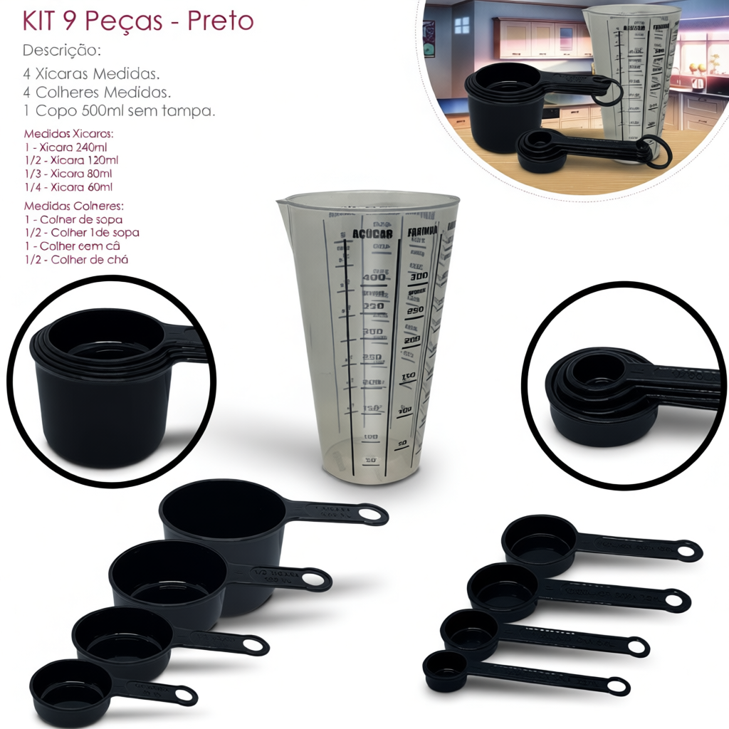 kit medidores 9 peças copo de 500 ml xicara e colheres preto