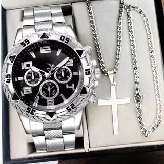 Kit Relógio Masculino com Corrente Cruz e Pulseira em Aço Inox Resistente a Água