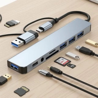 Hub USB-C 8 em 1 com 100W, USB 3.0, leitor de SD/TF e áudio 3,5 mm para laptops e PCs