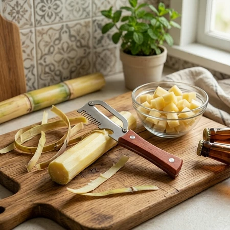 Descascador de frutas e vegetais em aço inoxidável com cabo de madeira e abridor integrado