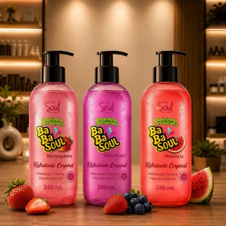 Kit Hidratante Corporal BABASOUL Cheirinho de Chiclete SOUL 240ml - TUTTI FRUTTI, MELANCIA e MORANGO