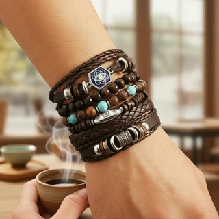 Conjunto de Pulseiras de Couro Boho Unissex 6 peças, Pulseiras Retro Empilháveis, Presente